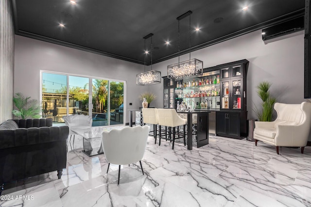 dining area with ornamental molding, an AC wall unit, and indoor bar