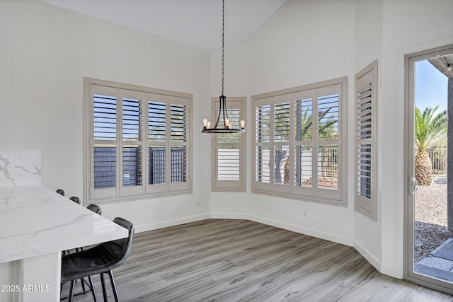 11257 E Reginald Ave, Mesa, AZ 85212 - unfurnished dining area with light wood-style floors, high vaulted ceiling, and a chandelier