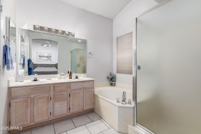 1950 E Kings Ave, Phoenix, AZ 85022 - ensuite bathroom with a stall shower, double vanity, a bath, tile patterned flooring, and ceiling fan