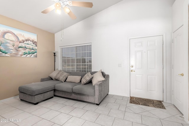 1950 E Kings Ave, Phoenix, AZ 85022 - living room with a ceiling fan, high vaulted ceiling, light tile patterned flooring, and baseboards