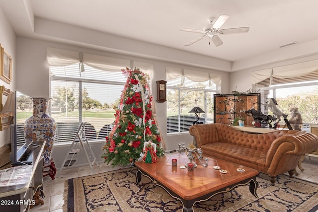 living room featuring ceiling fan