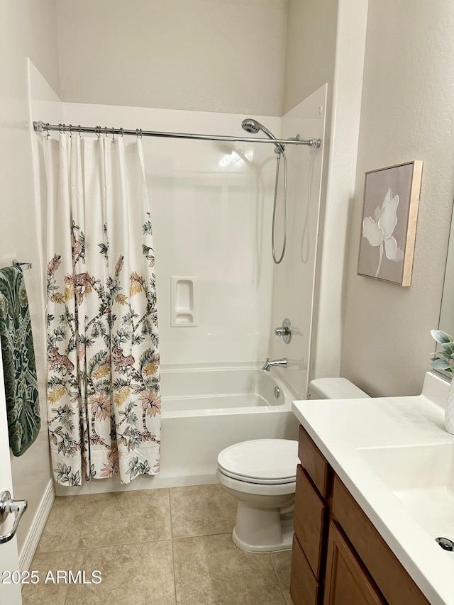 full bathroom with vanity, shower / bathtub combination with curtain, tile patterned floors, and toilet