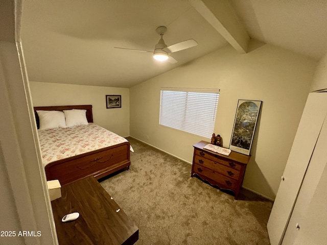 bedroom featuring ceiling fan, light colored carpet, and vaulted ceiling with beams