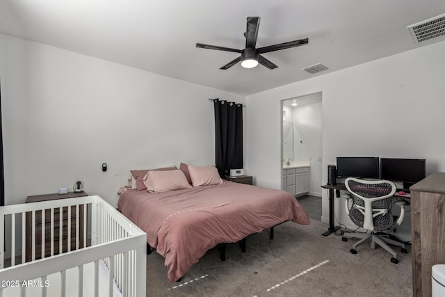 bedroom featuring ceiling fan and carpet flooring