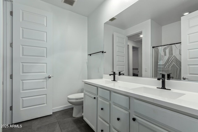 bathroom with tile patterned flooring, vanity, and toilet