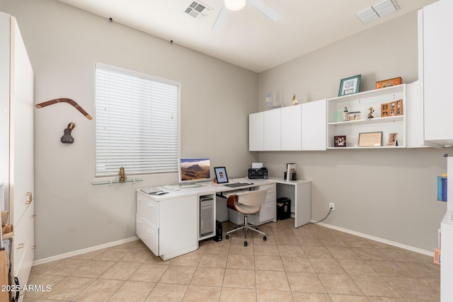 office space with light tile patterned flooring and ceiling fan