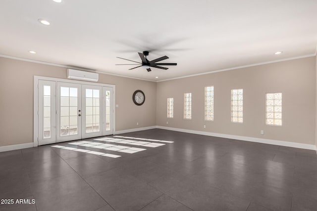 unfurnished room featuring recessed lighting, crown molding, baseboards, and a wall mounted AC