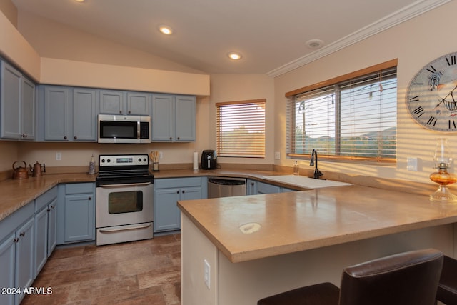 kitchen with sink, kitchen peninsula, vaulted ceiling, and stainless steel appliances