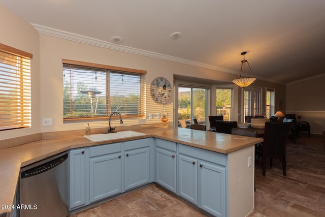 kitchen featuring stainless steel dishwasher, kitchen peninsula, sink, and plenty of natural light