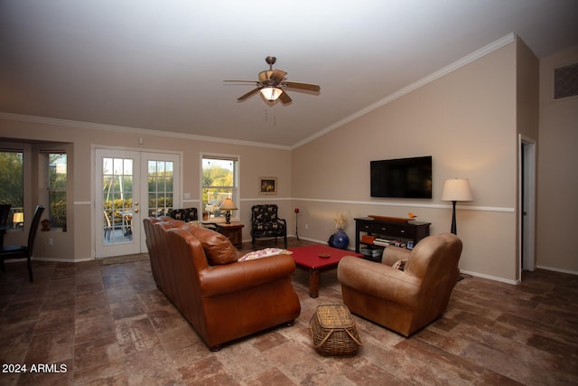 living room featuring ceiling fan, high vaulted ceiling, french doors, and ornamental molding