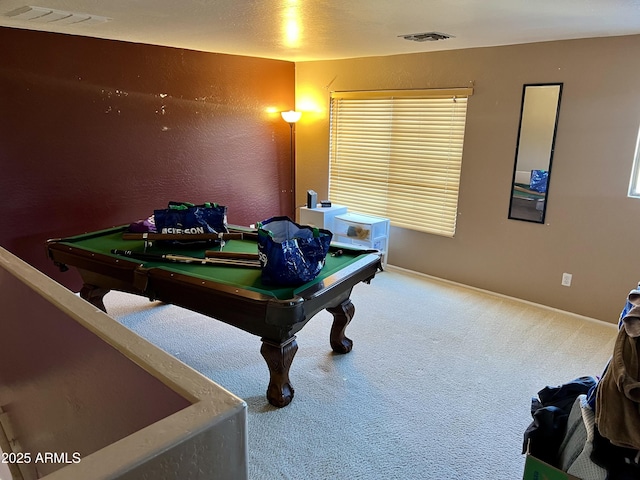 rec room with carpet and billiards