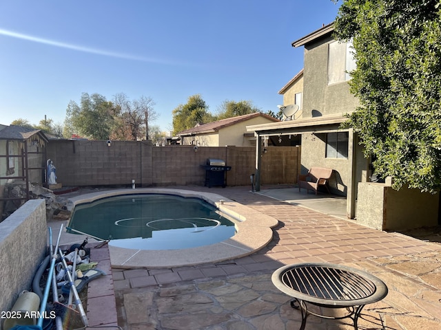 view of pool featuring grilling area and a patio area