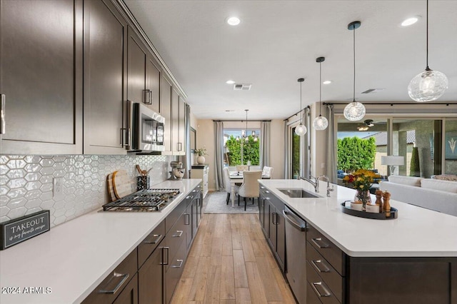 kitchen with stainless steel appliances, sink, pendant lighting, light hardwood / wood-style floors, and an island with sink