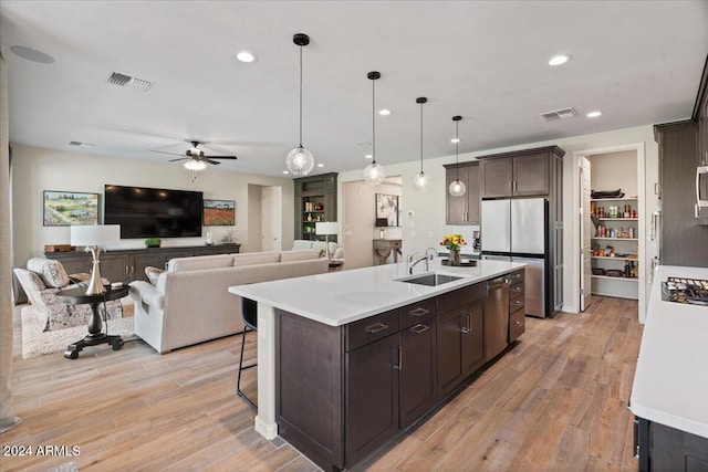 kitchen featuring a center island with sink, sink, hanging light fixtures, light wood-type flooring, and appliances with stainless steel finishes