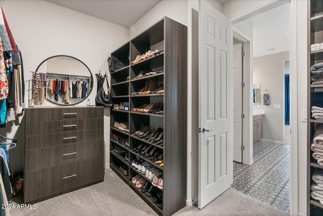 spacious closet featuring light carpet