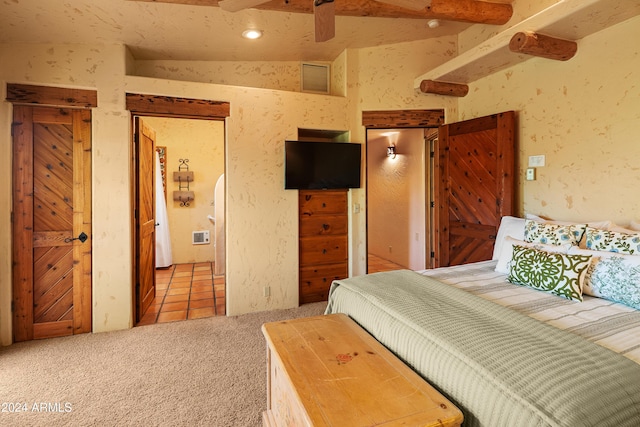 bedroom featuring ceiling fan, light carpet, and vaulted ceiling