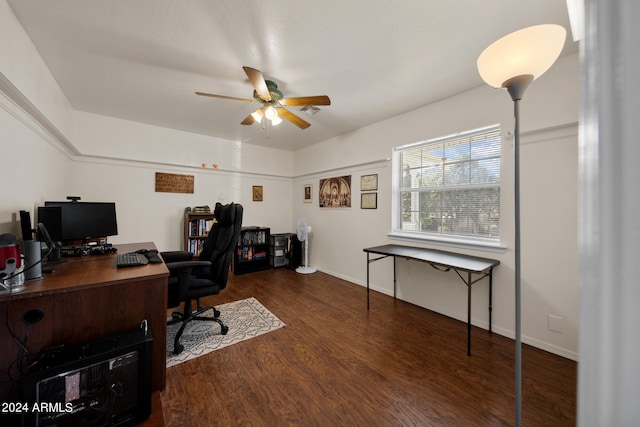 home office featuring dark wood-type flooring and ceiling fan