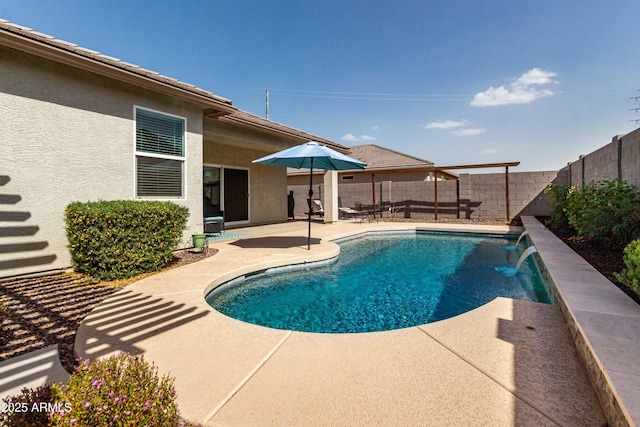 view of pool featuring a patio area, a fenced backyard, and a fenced in pool