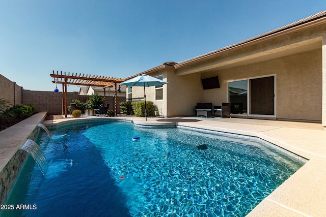 view of pool with a patio area, a fenced backyard, a fenced in pool, and a pergola