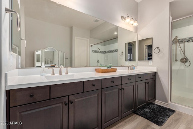 bathroom with double vanity, wood finished floors, a stall shower, and a sink