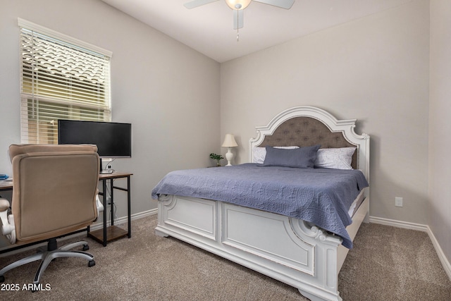 bedroom featuring baseboards, a ceiling fan, and carpet flooring