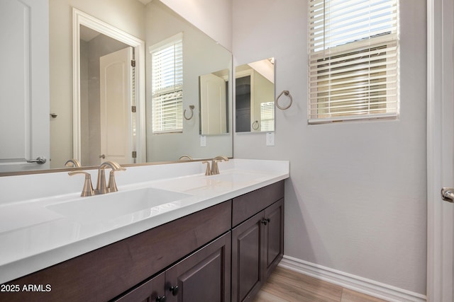 bathroom with vanity and hardwood / wood-style floors