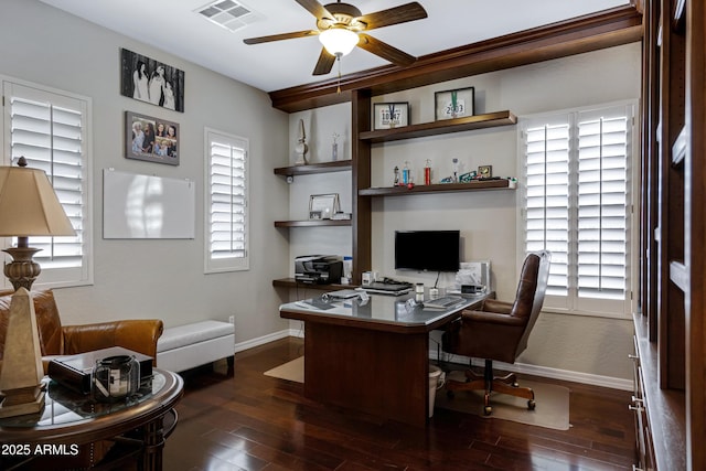 6694 S Banning St, Gilbert, AZ 85298 - office area with wood-type flooring, visible vents, baseboards, and ceiling fan
