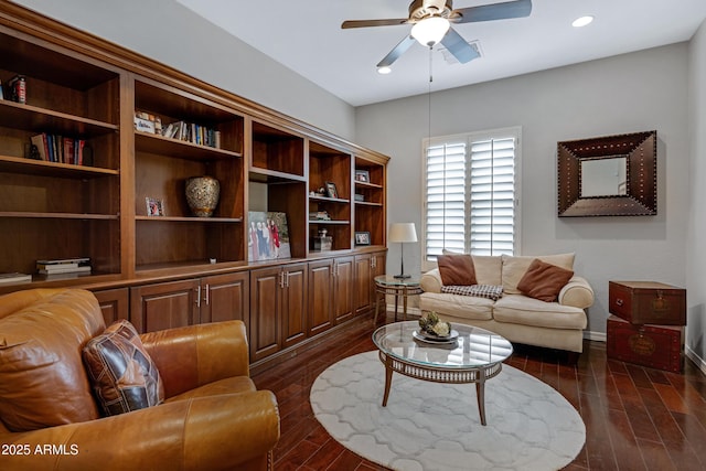6694 S Banning St, Gilbert, AZ 85298 - living room with recessed lighting, baseboards, a ceiling fan, and dark wood-style floors