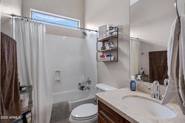 6694 S Banning St, Gilbert, AZ 85298 - full bathroom featuring a textured wall, shower / bath combo with shower curtain, toilet, and vanity