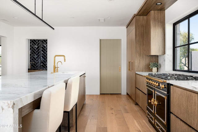 kitchen with light stone counters, sink, decorative light fixtures, double oven range, and light hardwood / wood-style floors