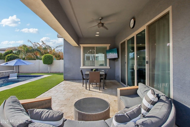 view of patio / terrace featuring ceiling fan, outdoor lounge area, and a swimming pool