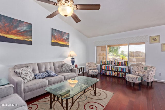 living room with lofted ceiling, ceiling fan, and dark hardwood / wood-style flooring