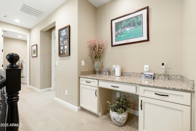 corridor featuring recessed lighting, light colored carpet, visible vents, an upstairs landing, and baseboards