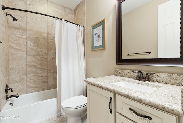 bathroom with tile patterned flooring, vanity, toilet, and shower / tub combo with curtain