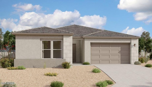 ranch-style home featuring a garage, a tile roof, driveway, and stucco siding