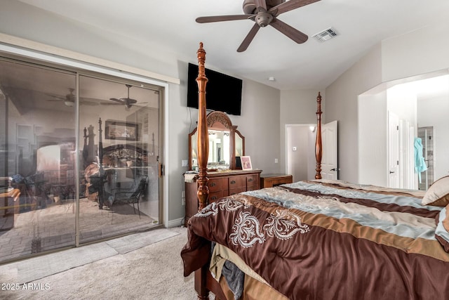 bedroom featuring access to exterior, carpet, visible vents, and ceiling fan