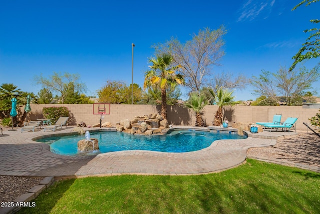 view of pool featuring a patio, a fenced backyard, and a fenced in pool