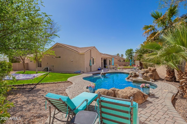 view of pool featuring a patio area, central air condition unit, a fenced in pool, and a fenced backyard