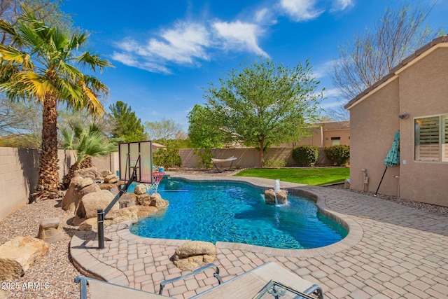 view of swimming pool featuring a fenced in pool, a patio, and a fenced backyard