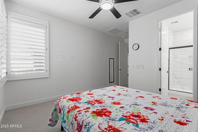 1501 E Rakestraw Ln, Gilbert, AZ 85298 - carpeted bedroom with baseboards, connected bathroom, and ceiling fan