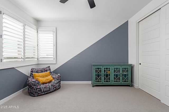 1501 E Rakestraw Ln, Gilbert, AZ 85298 - sitting room featuring carpet flooring, a ceiling fan, and baseboards