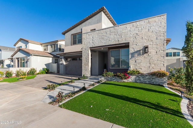 1501 E Rakestraw Ln, Gilbert, AZ 85298 - contemporary house featuring driveway, an attached garage, stucco siding, stone siding, and a front yard