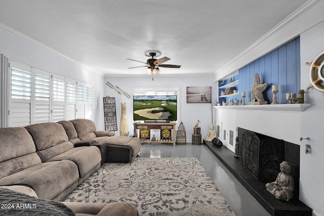 living room with ceiling fan, concrete flooring, and ornamental molding