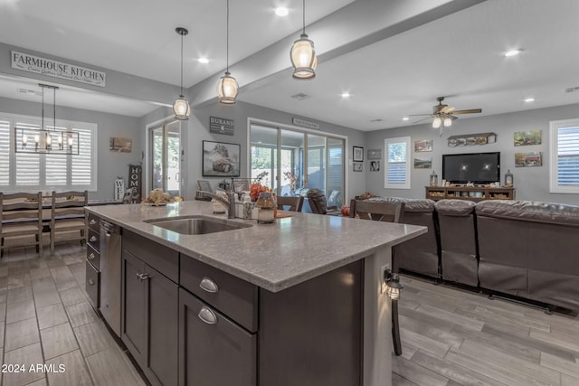 kitchen featuring a center island with sink, sink, decorative light fixtures, and plenty of natural light