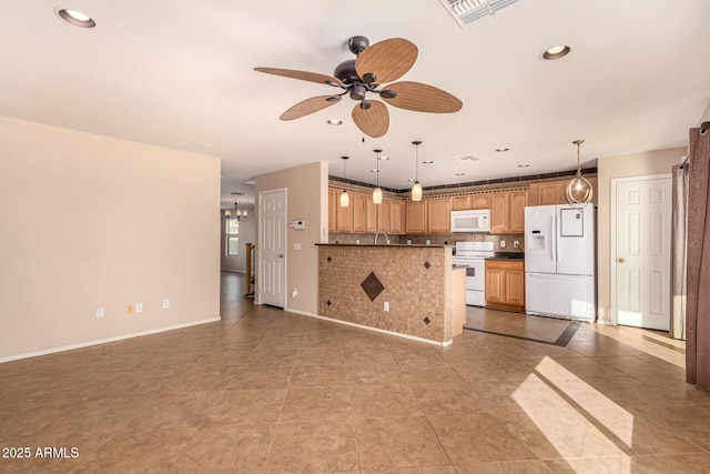 kitchen featuring white appliances, visible vents, recessed lighting, ceiling fan, and open floor plan