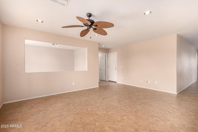 unfurnished room with recessed lighting, visible vents, baseboards, and ceiling fan