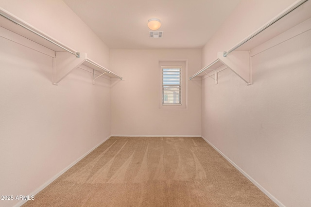 spacious closet with light colored carpet and visible vents