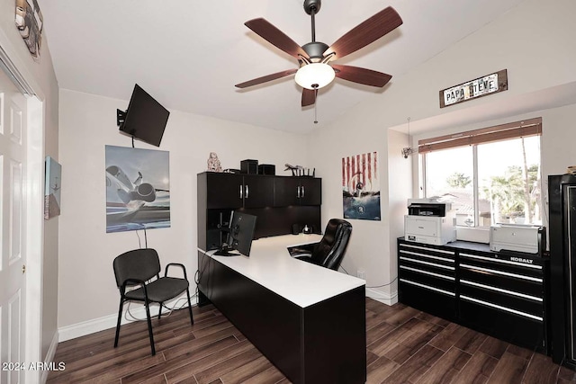 office with dark hardwood / wood-style flooring, lofted ceiling, and ceiling fan