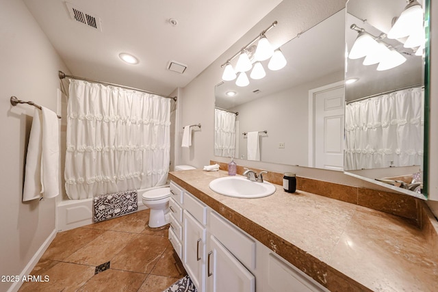 bathroom with tile patterned flooring, toilet, shower / tub combo, vanity, and visible vents