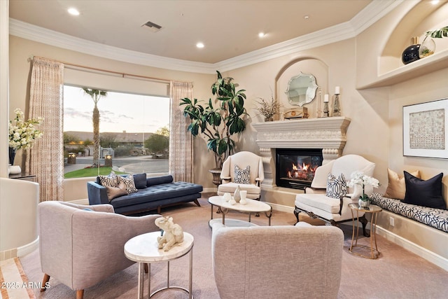 6621 N Arizona Biltmore Cir, Phoenix, AZ 85016 - living area with a glass covered fireplace, crown molding, baseboards, recessed lighting, and carpet flooring